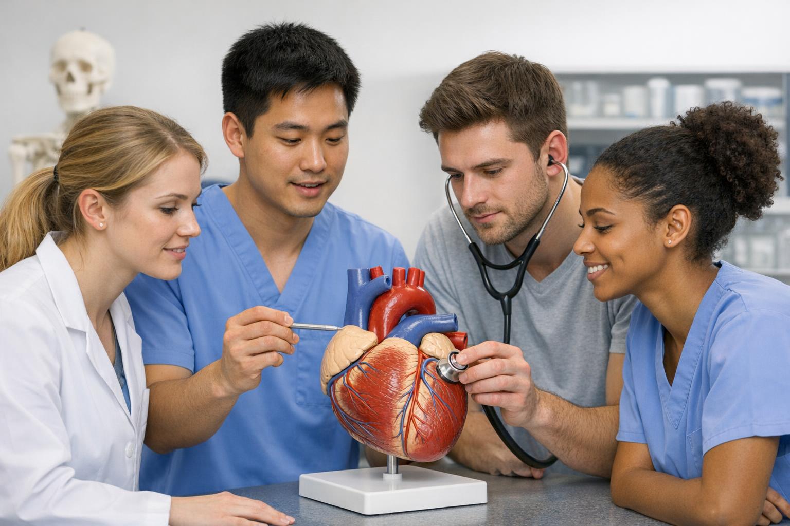 Zdjęcie: grupa studentów ćwiczących na modelu anatomicznym serca