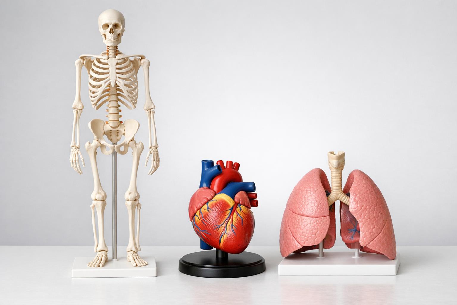 zestaw modeli anatomicznych: szkielet, serce, płuca