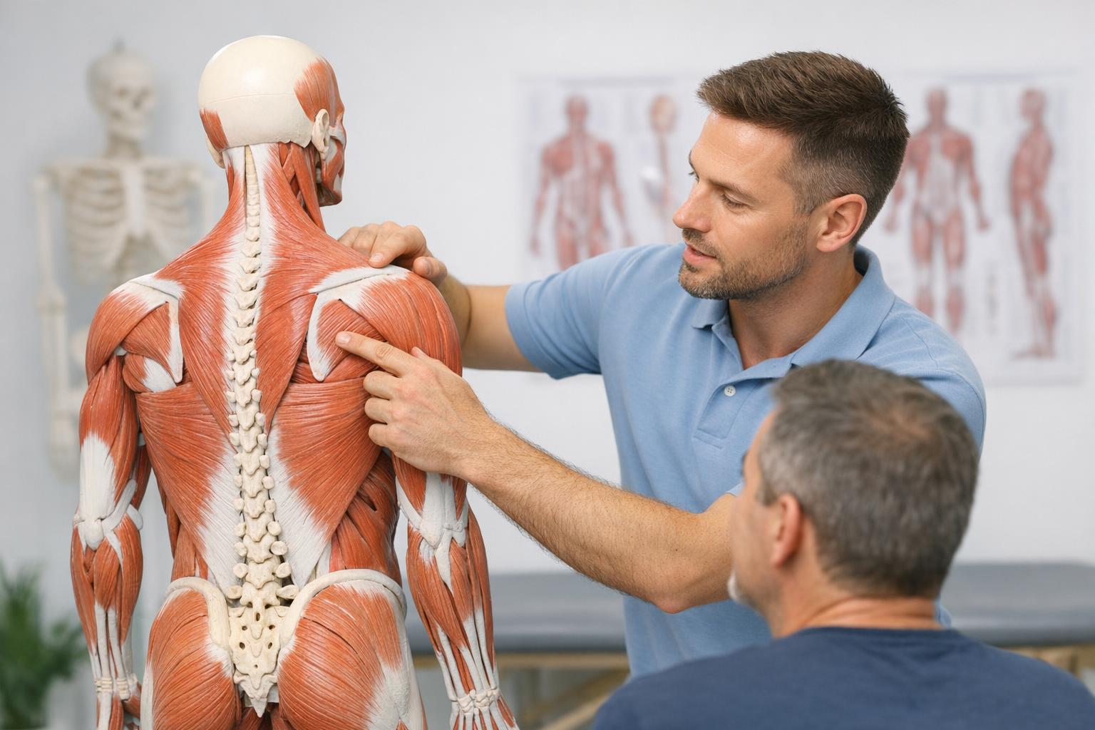 fizjoterapeuta tłumaczy pacjentowi na modelu anatomicznym położenie mięśni